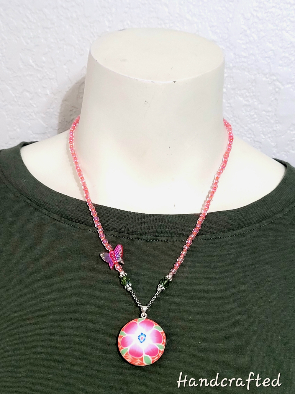 Hand Crafted Pink Beaded Necklace with Butterfly Charm and Floral Pendant